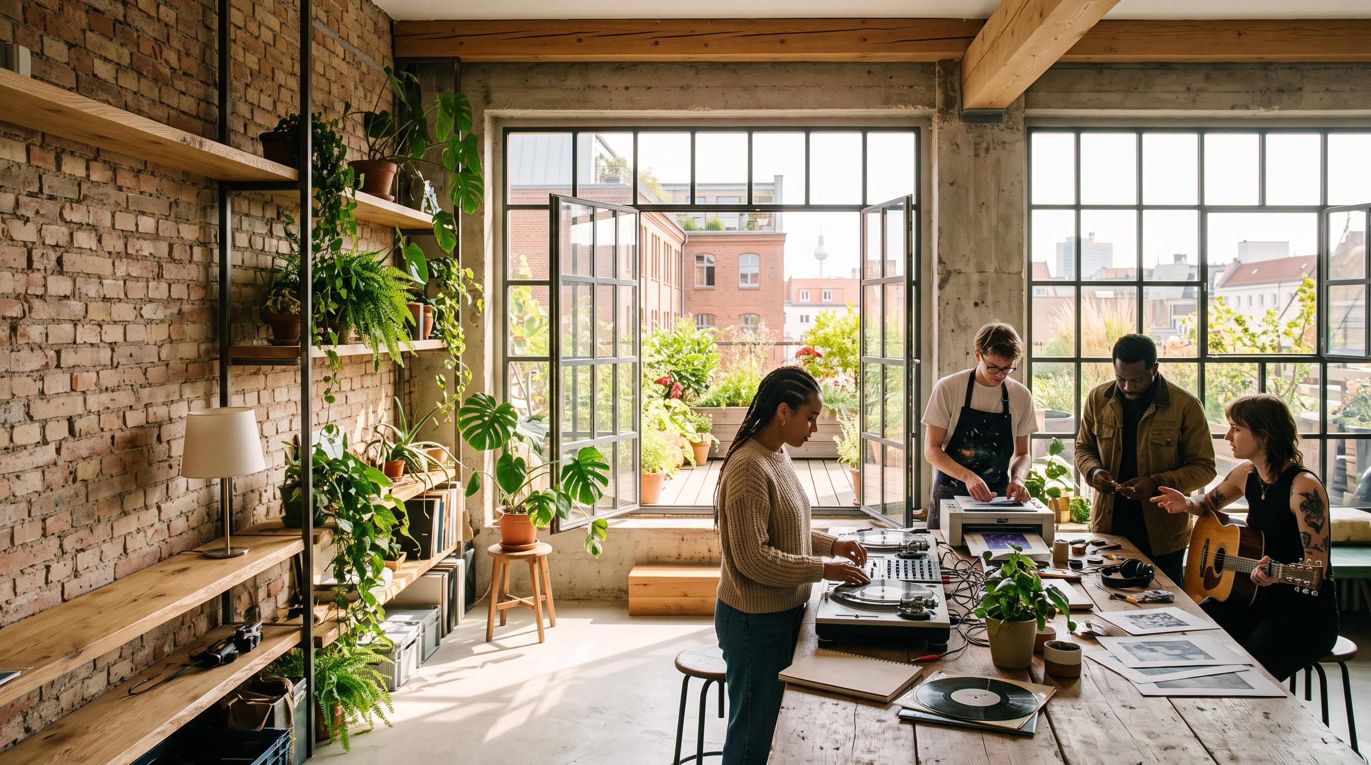 Conceptual image of creators collaborating around music and design in an industrial studio