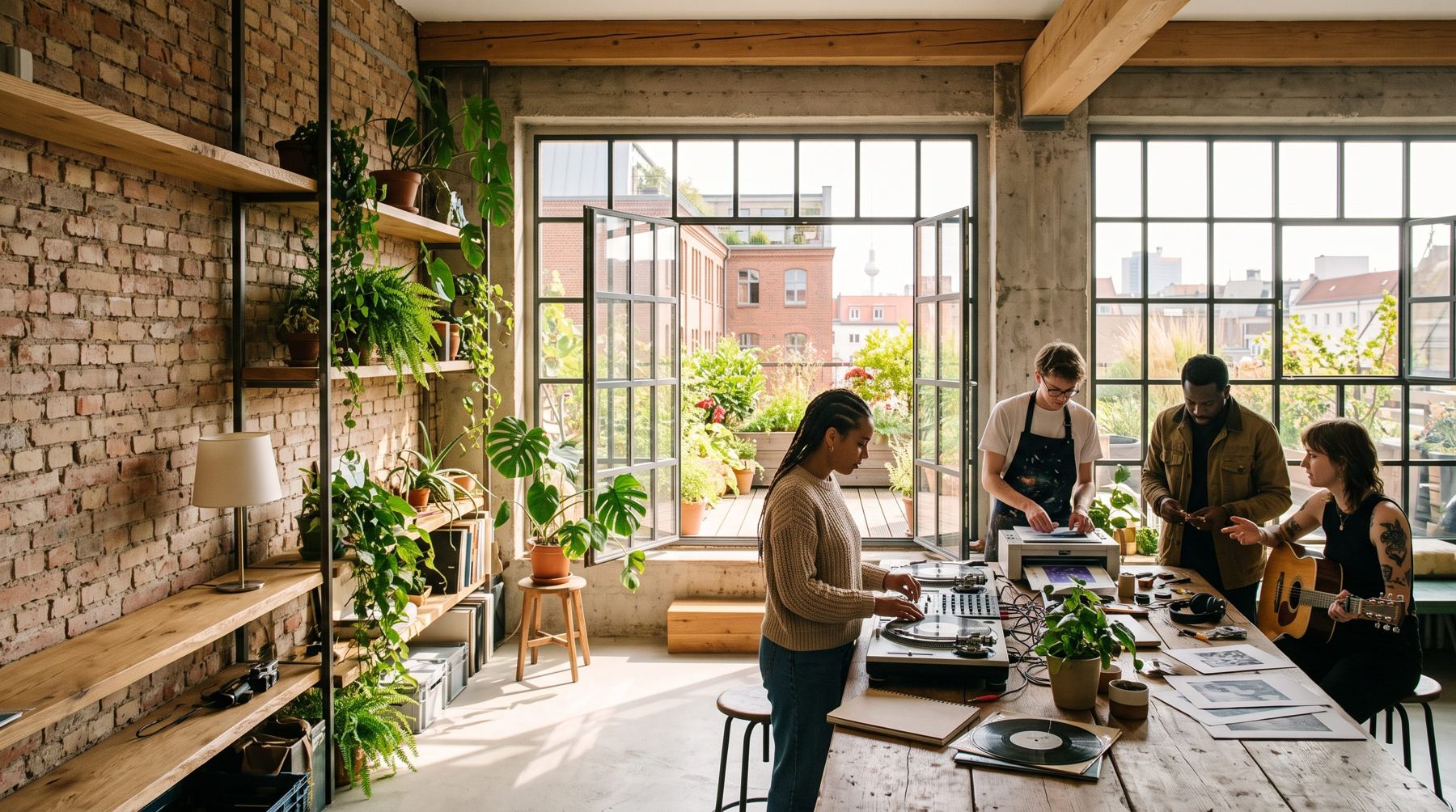 Conceptual image of a sunlit collaborative studio with musicians, makers and a film-friendly worktable