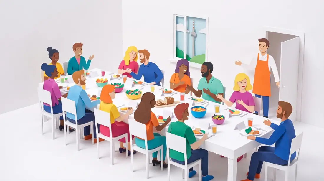Paper-cut illustration of ten guests at one dinner table