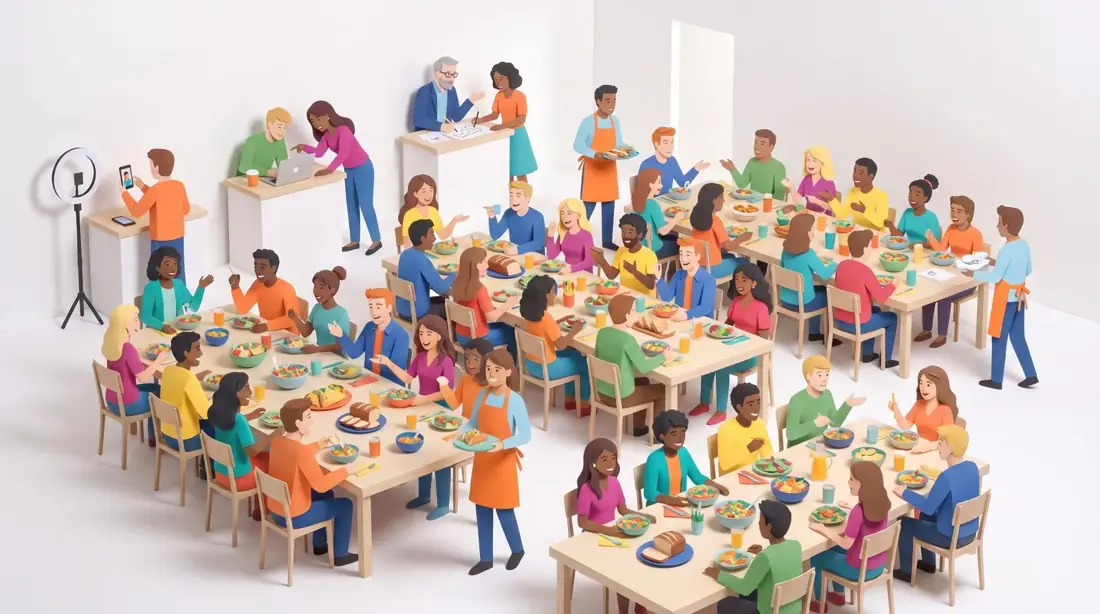 Paper-cut illustration of thirty guests with help stations