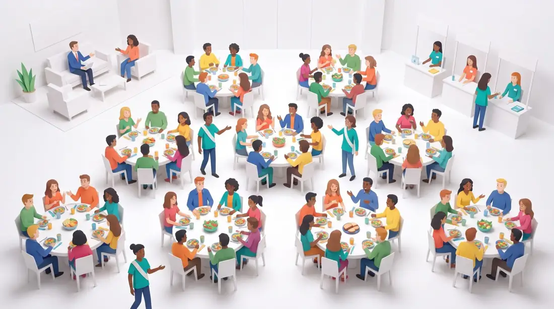 Paper-cut illustration of a hall with round tables and community builders