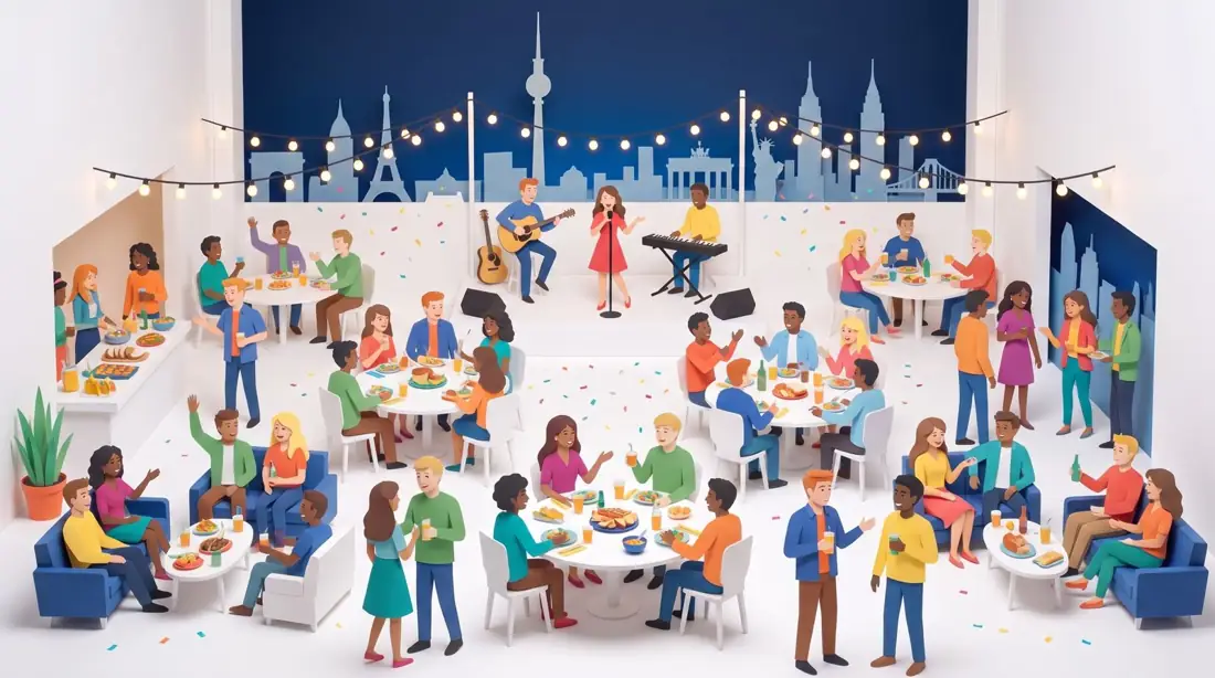 Paper-cut illustration of a large evening with live music and city skylines