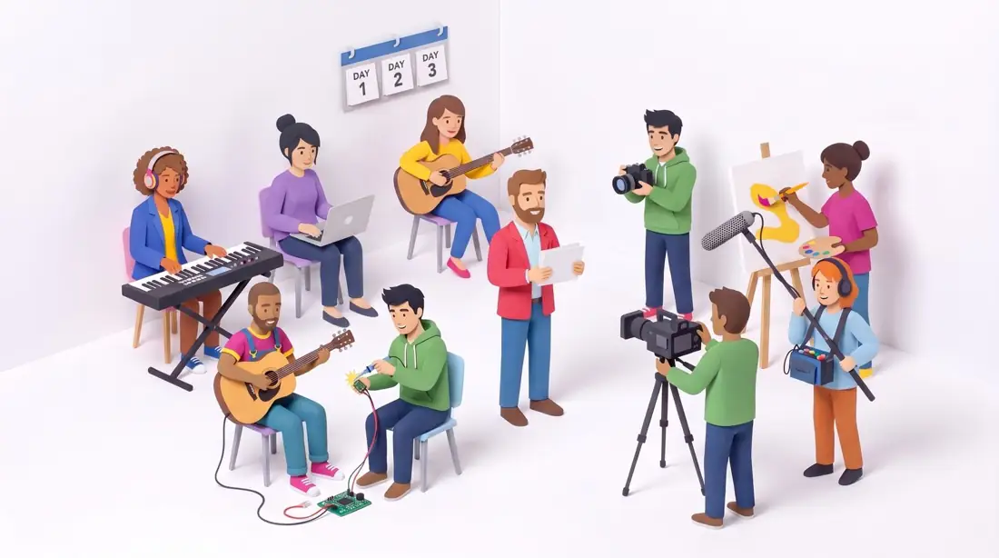 Paper-cut illustration of the three-day filmed lab with creators, a moderator and a film crew